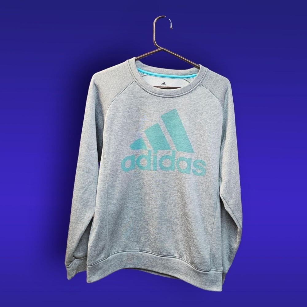 Adidas Men's Light Gray Crewneck Sweatshirt with Teal Logo